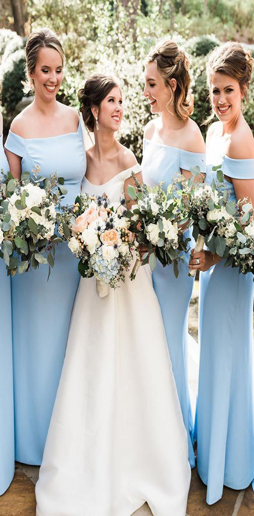Sheath Off-Shoulder Light Blue Floor Length Simple Bridesmaid Dresses, WG523