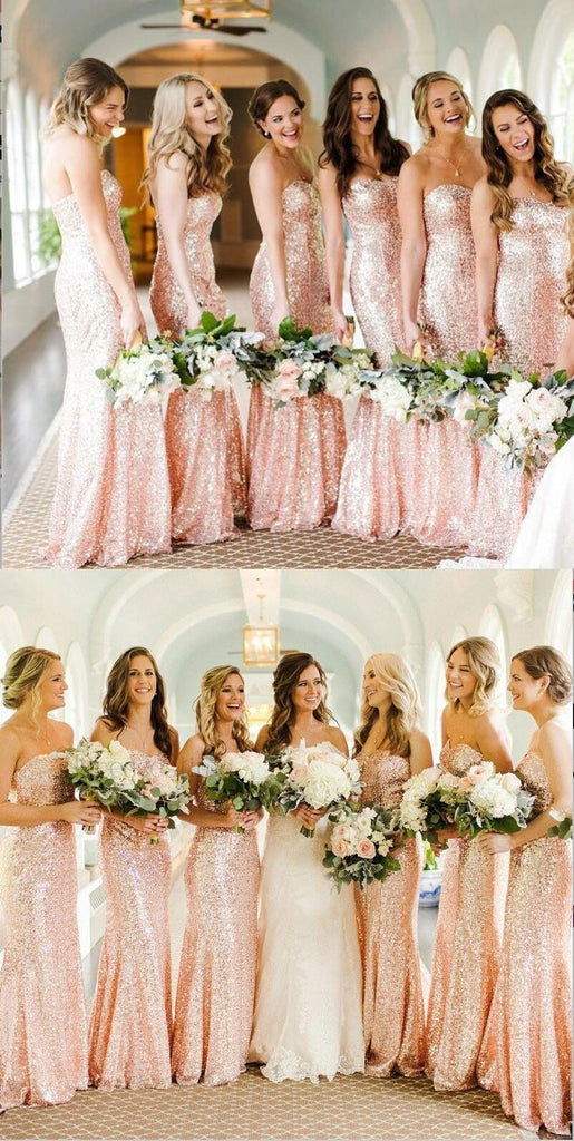 Shining Sparkly Popular New Mermaid Sweetheart Strapless Long Rose Gold Sequin Bridesmaid Dresses, WG279