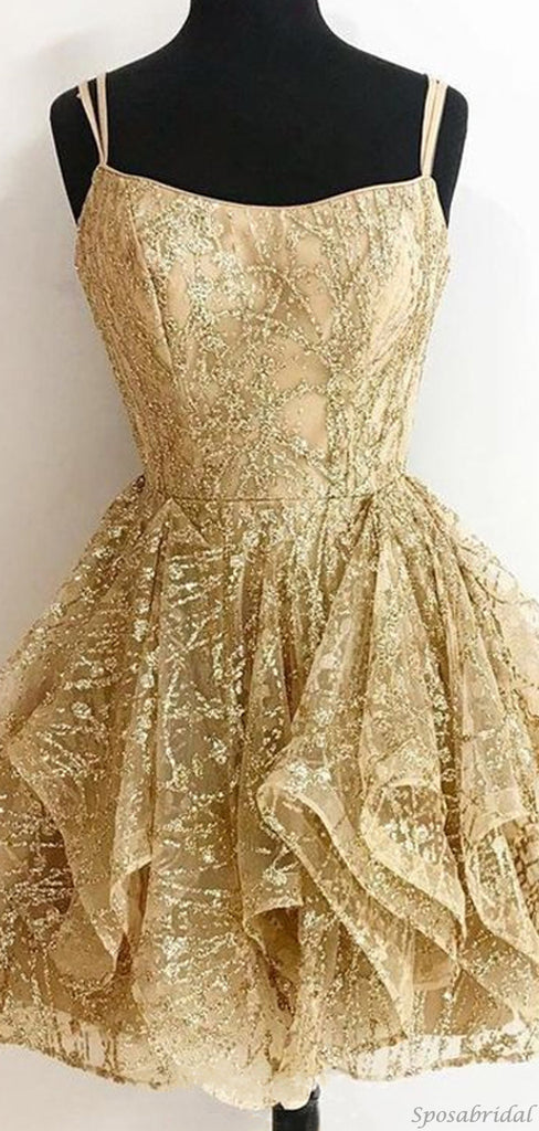 Sparkly Short Gold Lace A-line Short Homecoming Dresses, BD0444