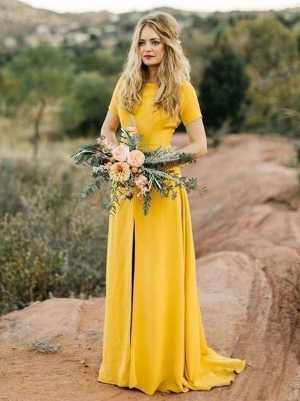 Short Sleeves Yellow Backless Long Simple Elegant Bridesmaid Dresses, SposaBridal Short Sleeves Yellow Backless Long Simple Elegant Bridesmaid Dresses, SposaBridal