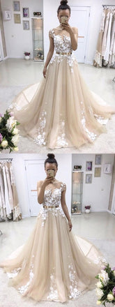 Short Sleeve Illusion Lace A-line Cheap Wedding Dresses Online, WD347