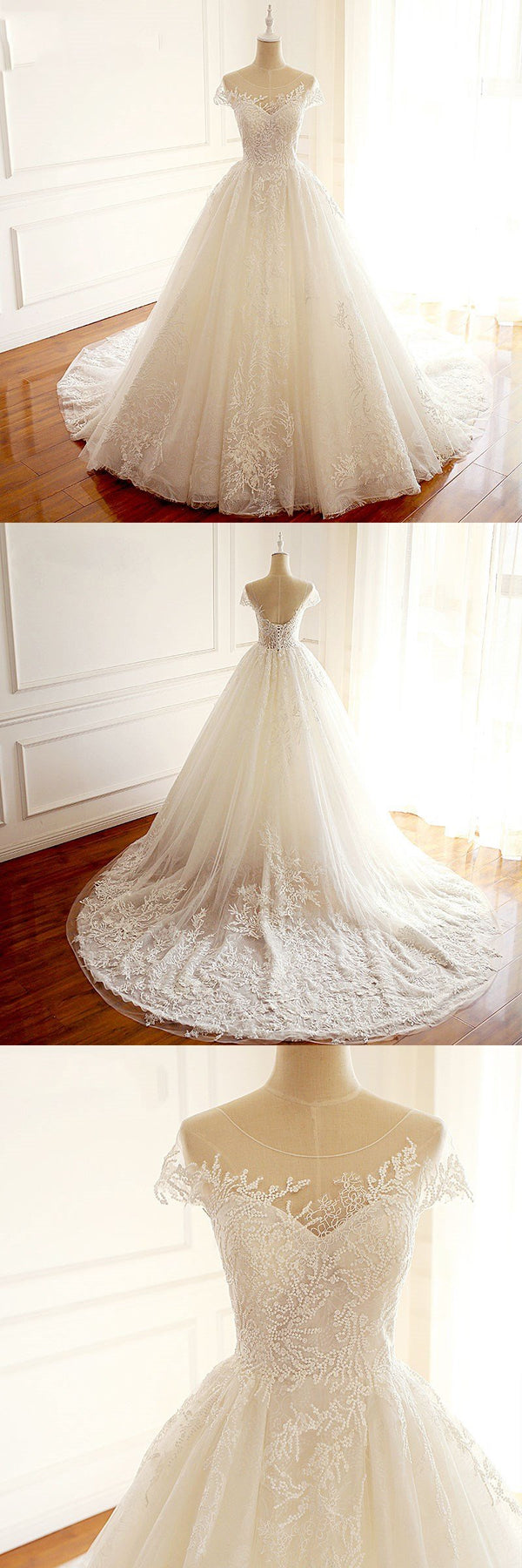 Short Sleeves Scoop High Quality Princess Wedding Dresses, Elegant