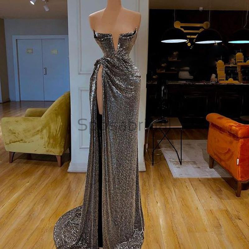 Silver Gray High Side Slit Modest Simple Mermaid Long Prom Dresses PD1 ...