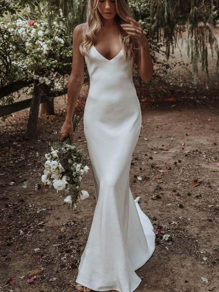 spaghetti strap beach wedding dress Beach Boho Wedding Dress Mermaid/Trumpet Spaghetti Straps Lace Bridal Gown QW2363 US4 / Ivory