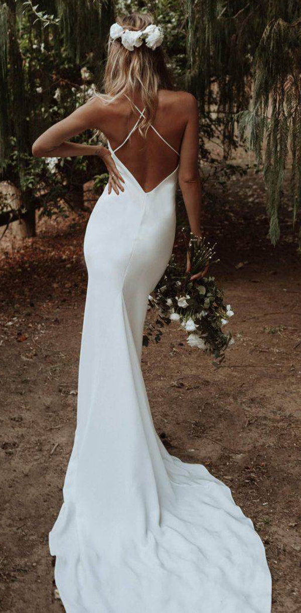cheap wedding dresses for beach Chic V-Neck Boho Sweep Train Beach Wedding Dress with Long Sleeves