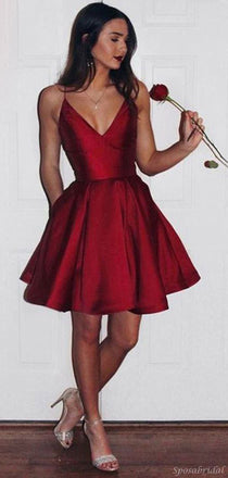 Simple Spaghetti Red Satin Short Prom Dresses, Homecoming Dresses, V-neck Prom Dresses, BD0400