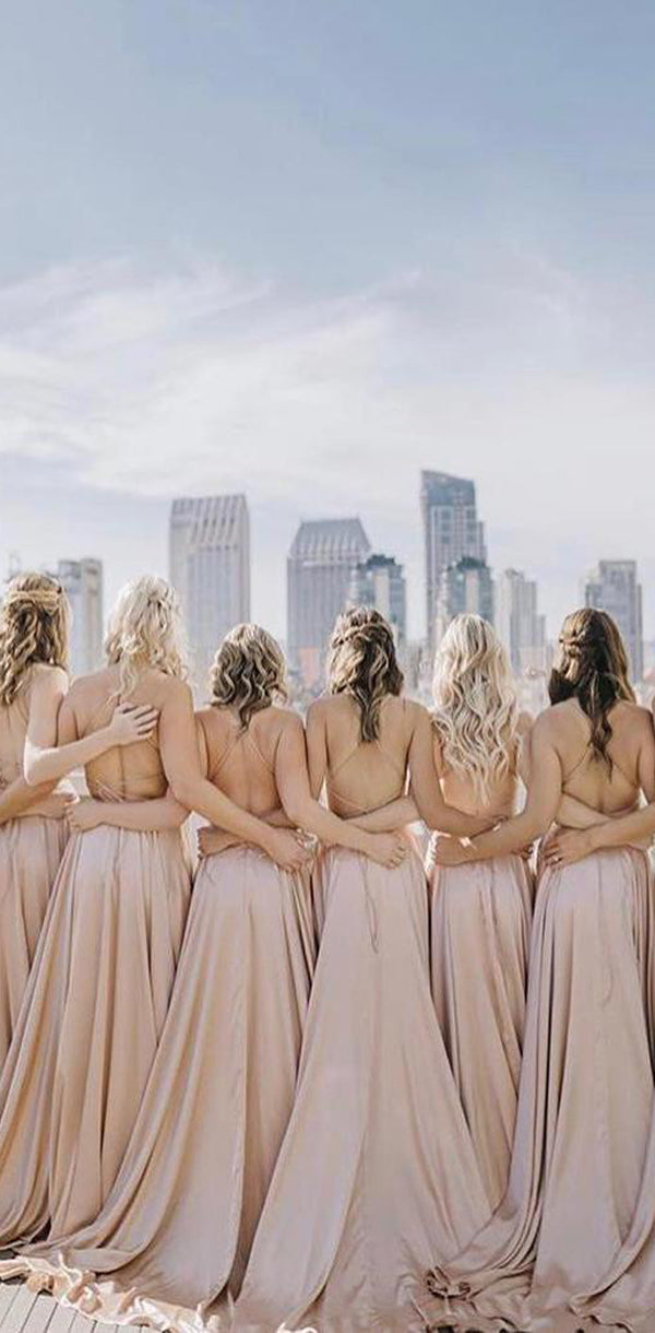 simple blush pink bridesmaid dresses V Neck Plunge Crepe Bridesmaid Dress - Blush