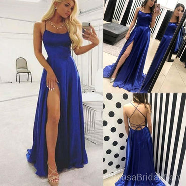 Simple Cheap Modest Popular Hot  Sale A-line Spaghetti Side Slit Royal Blue Long Prom Dresses,PD1182