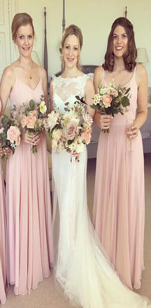 Simple Pink Straps V Neck Free Custom Chiffon Long Bridesmaid Dresses,  Wedding Party Dress, WG506