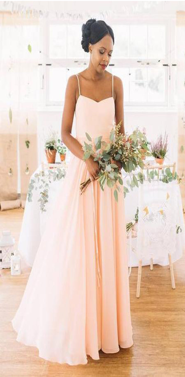 Simple Pink Straps V Neck Free Custom Chiffon Long Bridesmaid Dresses, – SposaBridal