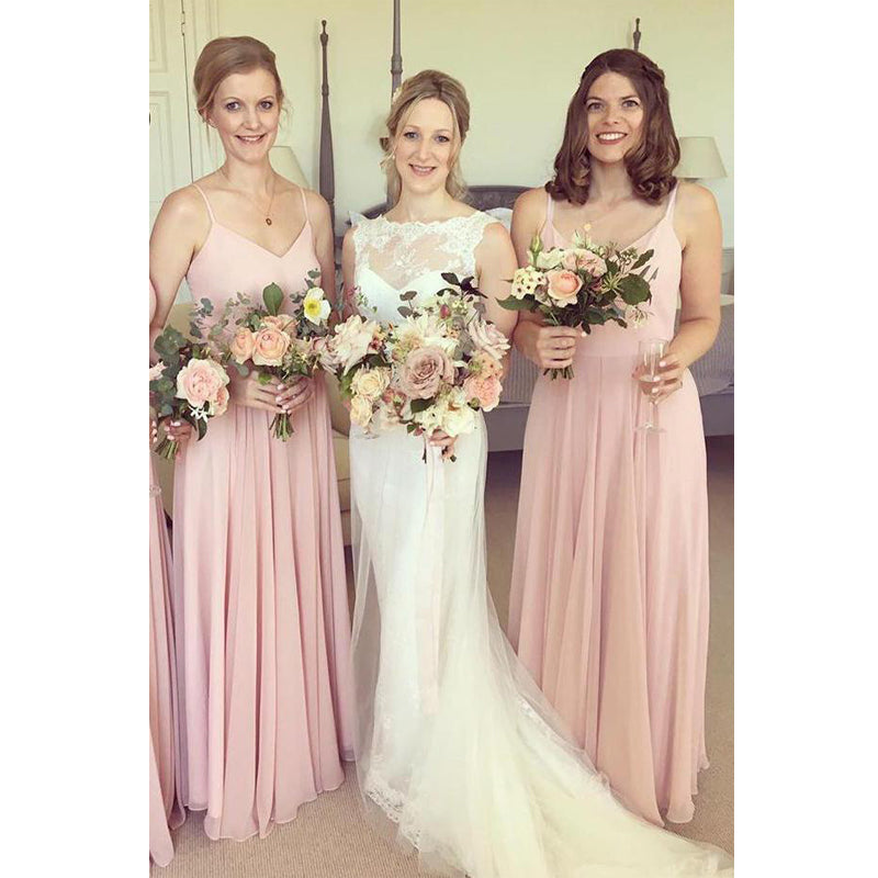 Simple Pink Straps V Neck Free Custom Chiffon Long Bridesmaid Dresses,  Wedding Party Dress, WG506