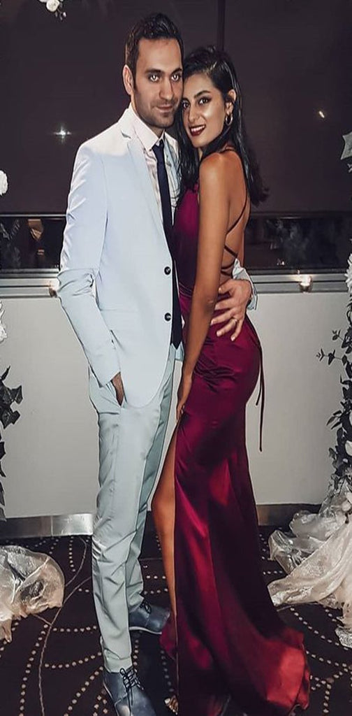 Simple Sexy Elegant Straps V Neck Mermaid Burgundy Prom Dresses,Long Evening Dress with Criss Cross Back, PD0979
