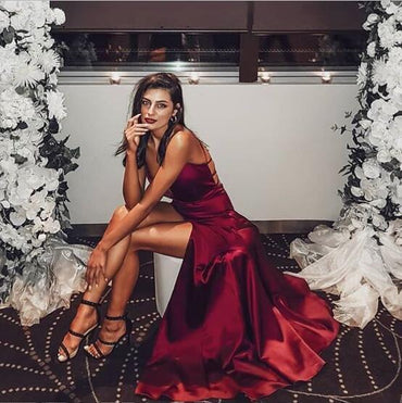Halter Beaded Long A-line Satin Prom Dresses, PD0874