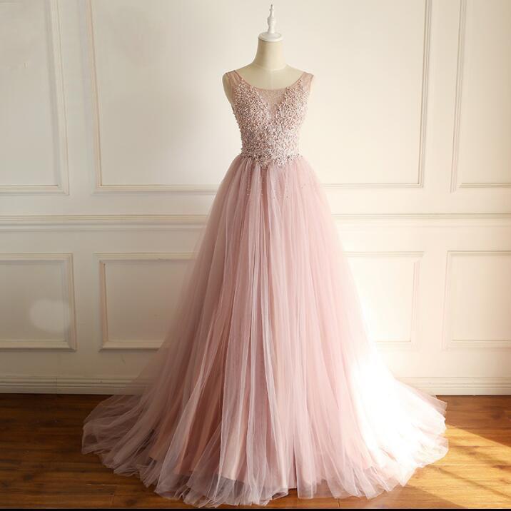 Scoop Dusty Pink Fashion Modest Wedding Dresses, Beading Tulle High Quality Free Custom Prom Dresses, WD0287