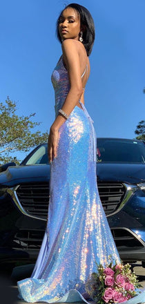 Sparkly Blue Spaghetti Strap Split Side Sequins Mermaid Prom Dress, PD3004