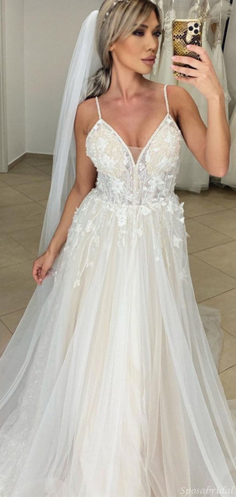 Spaghetti Strap V-neck Lace Applique Tulle Beach Wedding Dress, WD3030