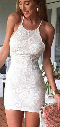 Sexy Ivory White Halter Lace Mermaid Backless Short Homecoming Dress, BD0418