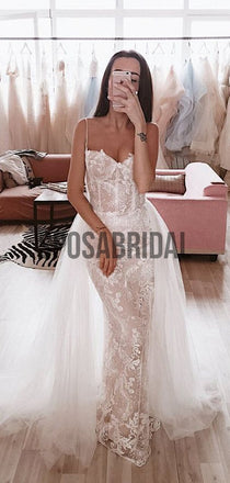 Sexy Spaghetti Straps Lace Mermaid Long Romantic Wedding Dresses, WD0522