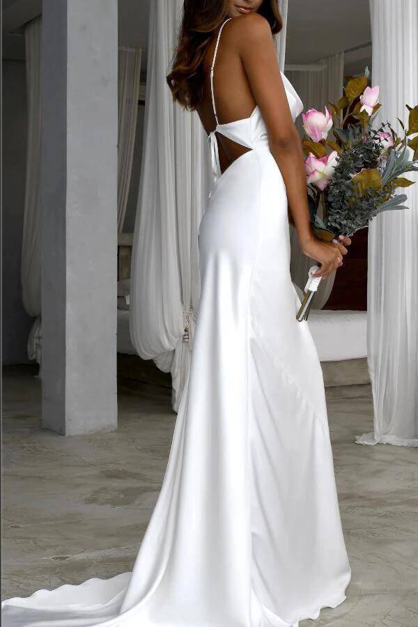 Sexy Backless Spaghetti Strap Elegant Simple Long Prom Dresses, Beach Wedding Dresses, PD1396