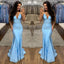 Spaghetti Straps Blue Mermaid Satin Long Simple Fshion Prom Dresses PD1416