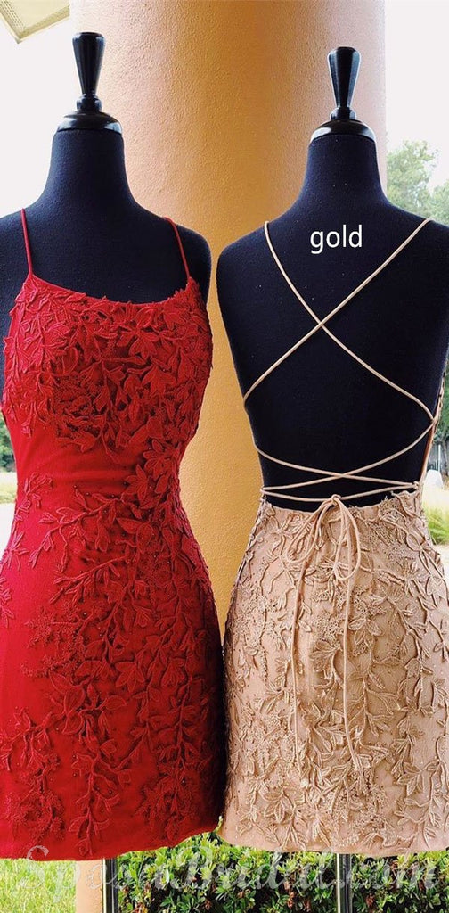 Spaghetti Straps Lace Appliques Pink Red Blue Yellow Mermaid Cute Homecoming Dresses, Short Popular Prom Dress,BD0417