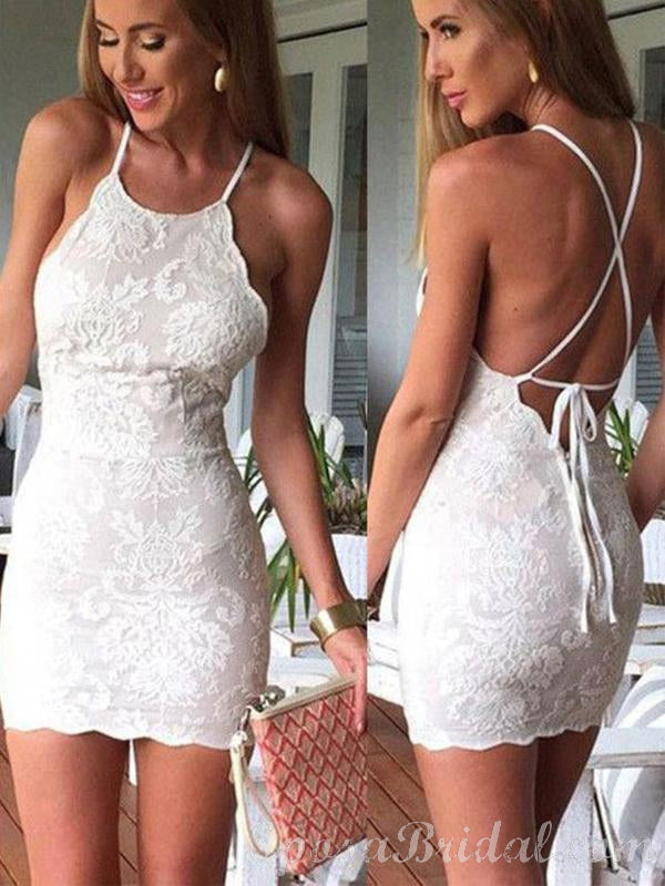 Sexy Ivory White Halter Lace Mermaid Backless Short Homecoming Dress, BD0418