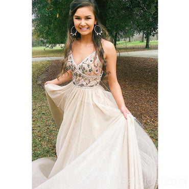 Spaghetti Straps Long  Prom Dress， Unique Design Modest Prom Dresses, PD1363