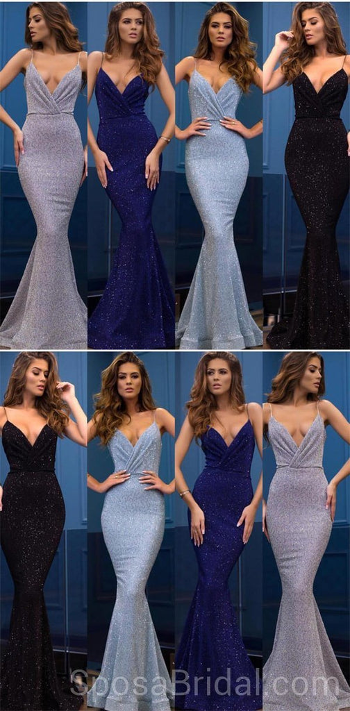 Spaghetti Straps Mermaid V -Neck Custom Long Elegant Sequin Fashion Prom Dresses, PD1214