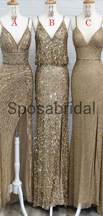 Spaghetti Straps Side Slit Shining Unqiue Modest Long Prom Dresses, Party dress PD1913