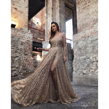 Spaghetti Straps Sparkly Sequin A-line Modest  Formal Elegant Long Prom Dresses, PD1213