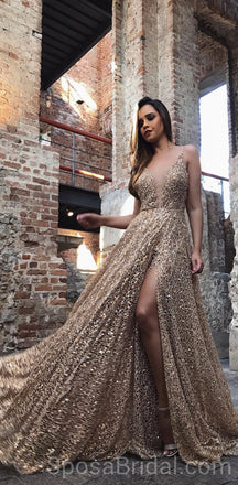 Spaghetti Straps Sparkly Sequin A-line Modest  Formal Elegant Long Prom Dresses, PD1213