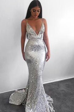 Spaghetti straps Sparkly Shinning Sexy Mermaid V-Neck Sequins Silver Prom Dresses, PD1364