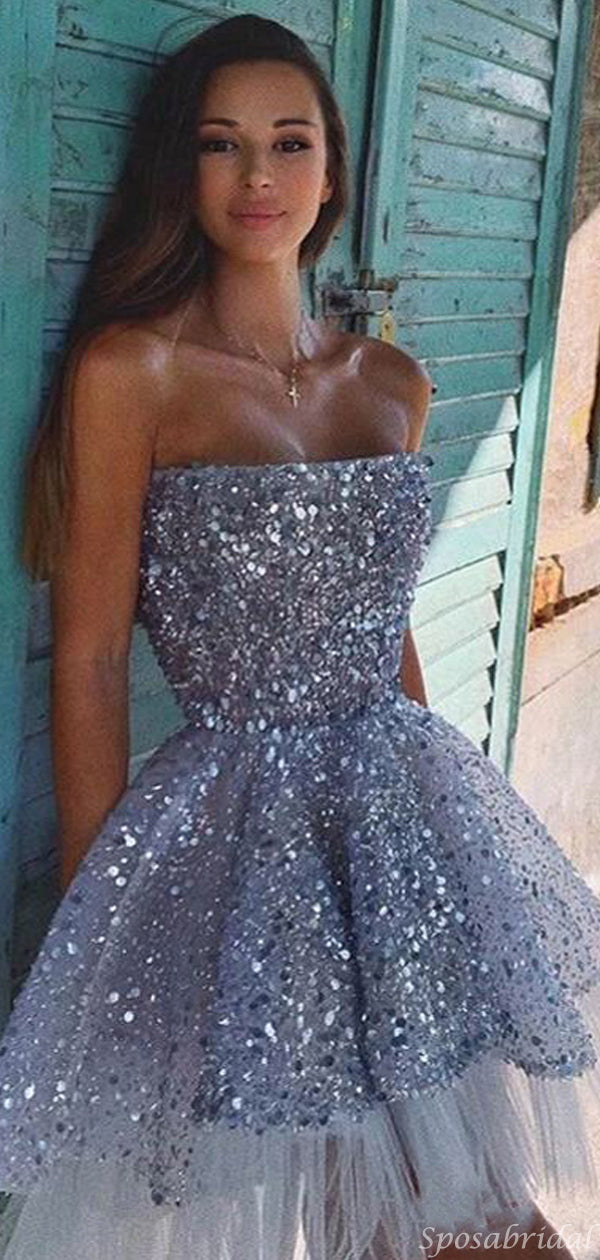 Sparkly Dusty Blue A-line Sequin Unique Pretty Short Homecoming Dresse SposaBridal Sparkly Dusty Blue A-line Sequin Unique Pretty Short Homecoming Dresse SposaBridal