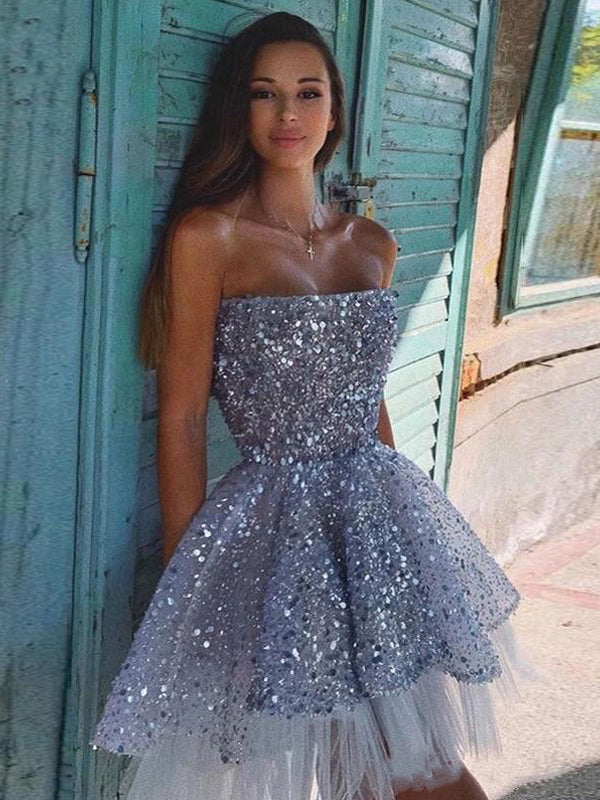 Sparkly Dusty Blue A-line Sequin Unique Pretty Short Homecoming Dresse SposaBridal Sparkly Dusty Blue A-line Sequin Unique Pretty Short Homecoming Dresse SposaBridal