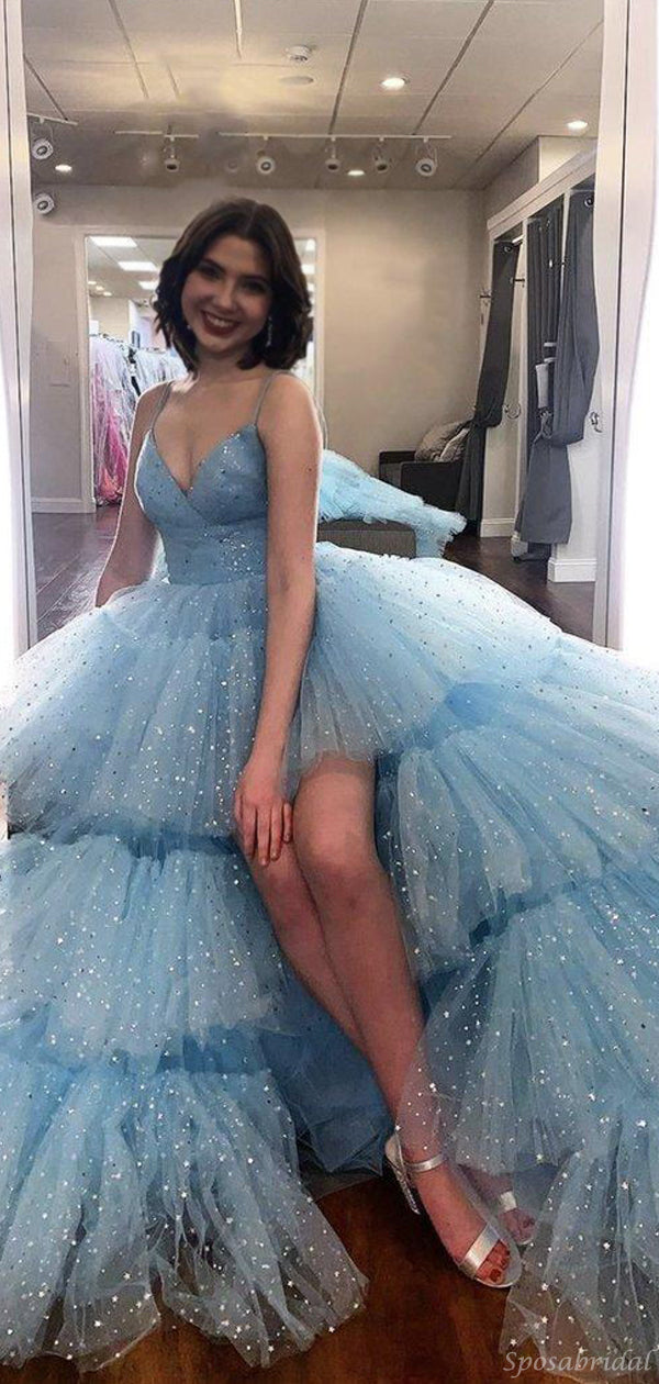 Sparkly Baby Blue Spaghett Strap High-low Pleated Long Prom Dress, PD3 SposaBridal Sparkly Baby Blue Spaghett Strap High-low Pleated Long Prom Dress, PD3 SposaBridal
