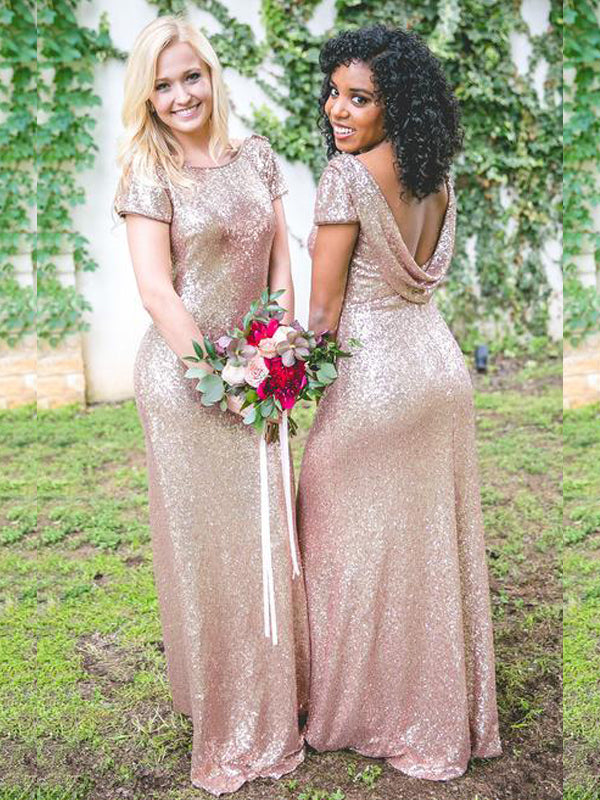 Sparkly Elegant Mermaid Champagne Cap-sleeve Long Bridesmaid Dresses, SposaBridal Sparkly Elegant Mermaid Champagne Cap-sleeve Long Bridesmaid Dresses, SposaBridal