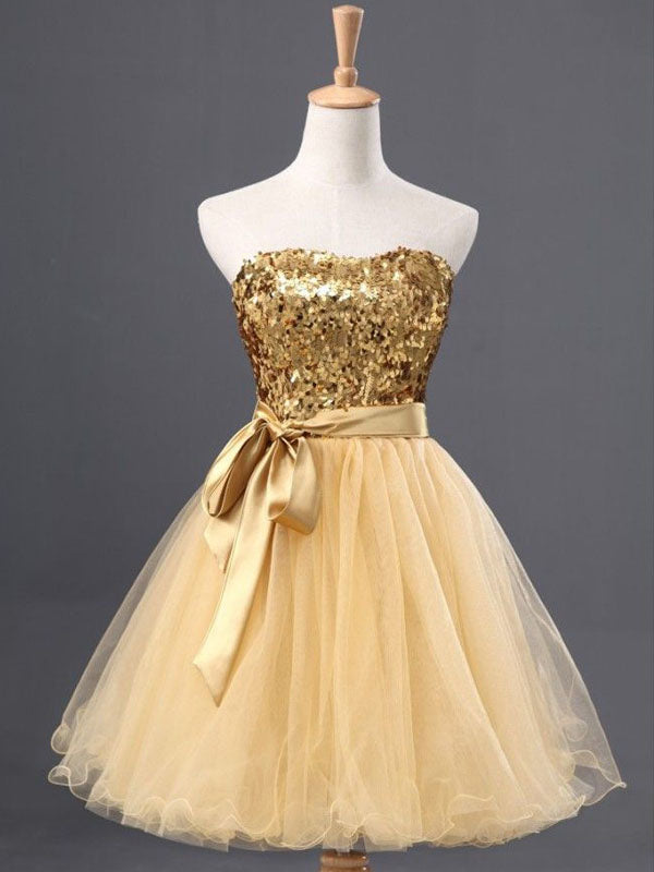 Sparkly Gold Sweetheart Strapless A-line Short Homecoming Dress, BD040 SposaBridal Sparkly Gold Sweetheart Strapless A-line Short Homecoming Dress, BD040 SposaBridal