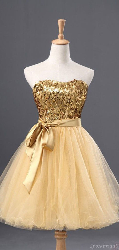 Sparkly Gold Sweetheart Strapless A-line Short Homecoming Dress, BD0403