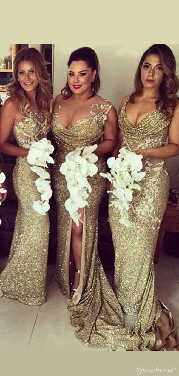 Sparkly Mismatched Gold Side-split Mermaid Long Bridesmaid Dress, WG86 SposaBridal Sparkly Mismatched Gold Side-split Mermaid Long Bridesmaid Dress, WG86 SposaBridal
