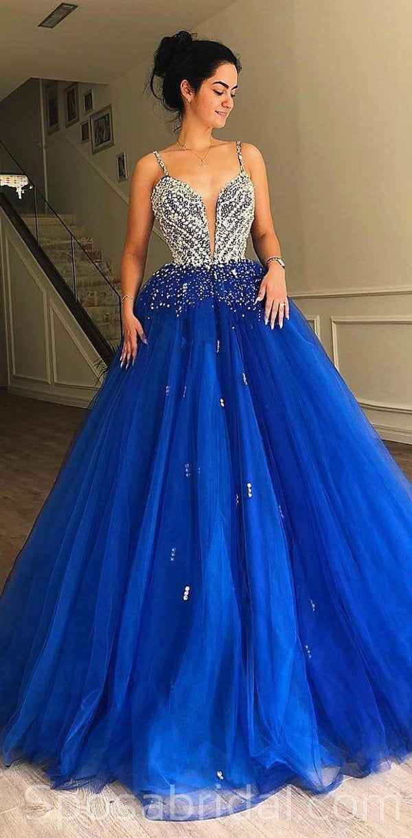 Blue A-Line Tulle Long Prom Dress, Blue Formal Sweet 16 Dress – shopluu