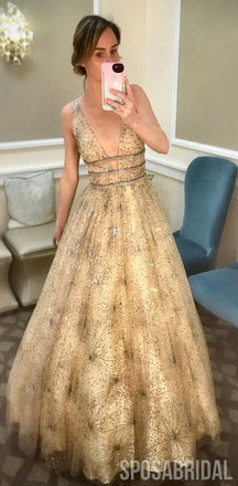 Sparkly Charming Custom Gold V Neck Shininig Gorgeous Long Prom Dresses, Party Dress ,PD1321