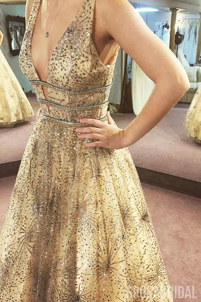 Sparkly Charming Custom Gold V Neck Shininig Gorgeous Long Prom Dresses, Party Dress ,PD1321