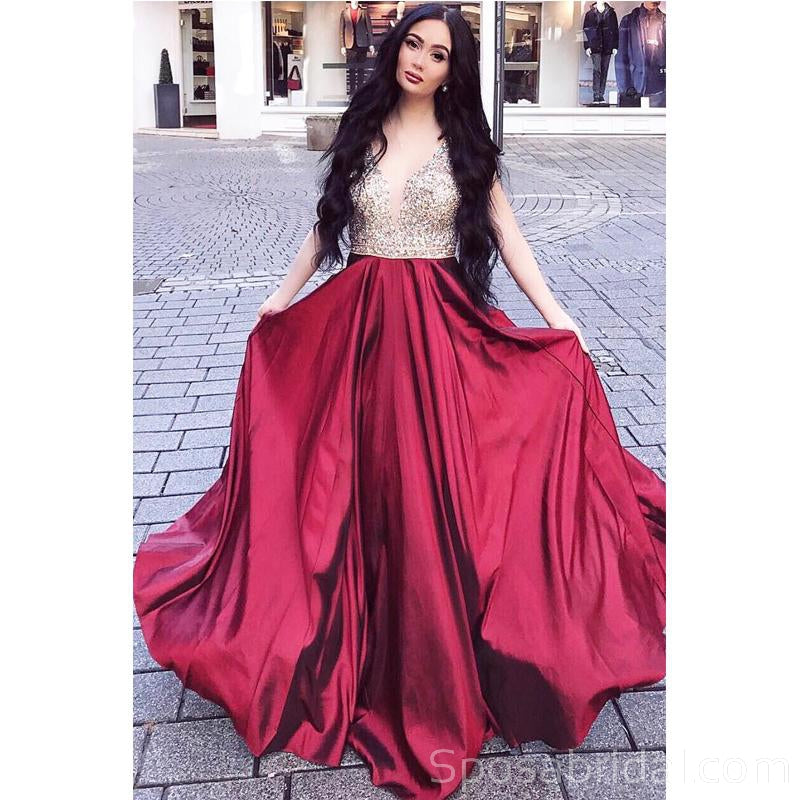 Sparkly Modest Gorgeous Sleeveless A-Line Beaded Burgundy Long Prom Dresses, PD1385