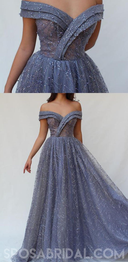 Sparkly Shinning Blue Sequin Off the Shoulder Long A Line Prom Dresses, Evening Dress, PD1136