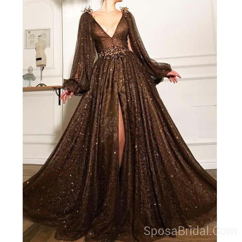 Sparkly Unique Design Elegant Pretty Long Sleeves Dide Split A-line Prom Dresses,PD1185