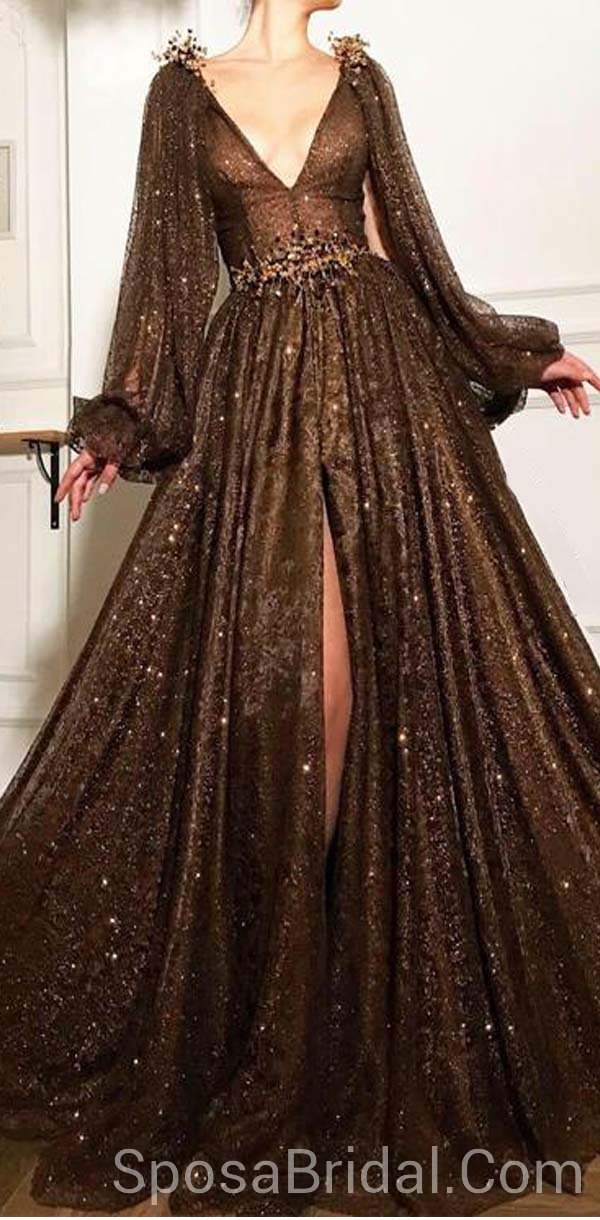 Sparkly Unique Design Elegant Pretty Long Sleeves Dide Split A-line Pr SposaBridal Sparkly Unique Design Elegant Pretty Long Sleeves Dide Split A-line Pr SposaBridal
