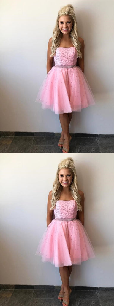 Strapless Beaded Tulle Pink Short Homecoming Dresses 2018, CM507