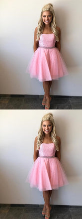 Strapless Beaded Tulle Pink Short Homecoming Dresses 2018, CM507