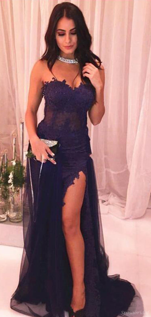Sweetheart Mermaid Side-slit Lace and Tulle Dark Purple Prom Dresses, PD0677