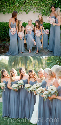 Sweetheart Chiffon A line Cheap Dusty Blue Floor-length Long Popular Birdesmaid Dresses, WG557
